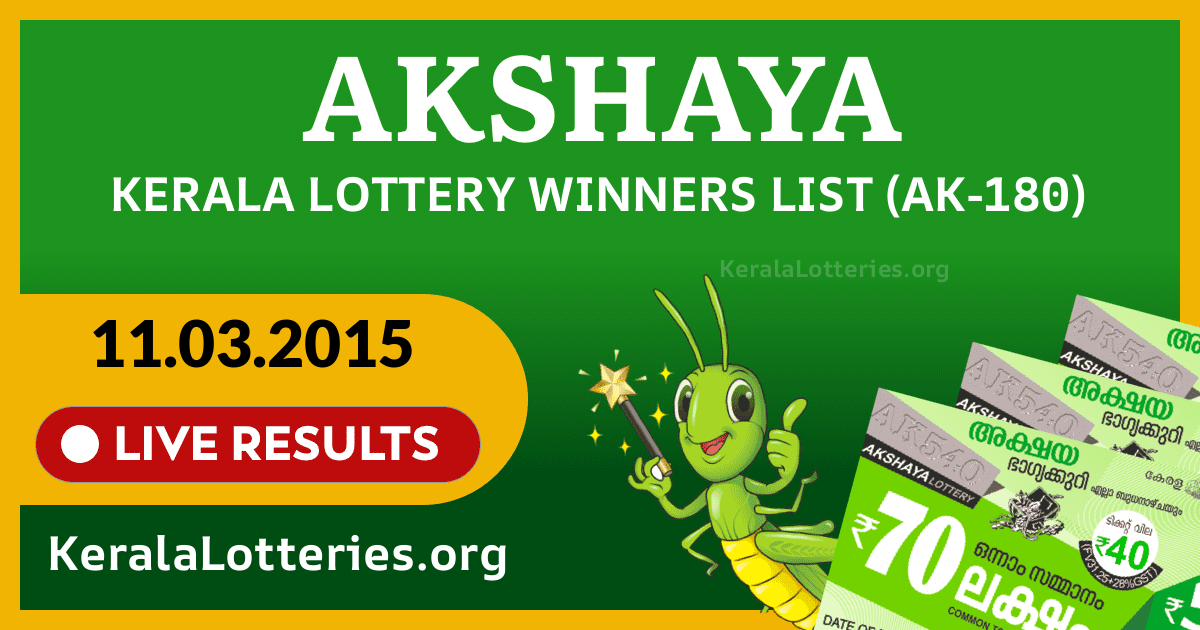 Akshaya(AK-180) Kerala Lottery Result Today (11-03-2015)