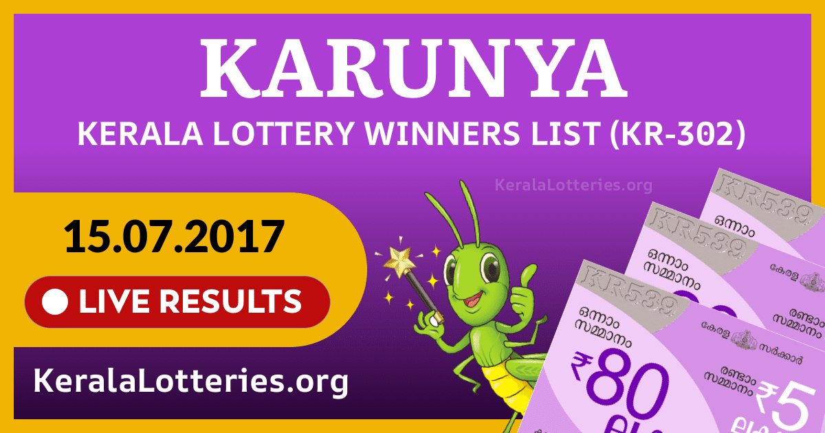 Karunya(KR-302) Kerala Lottery Result Today (15-07-2017)