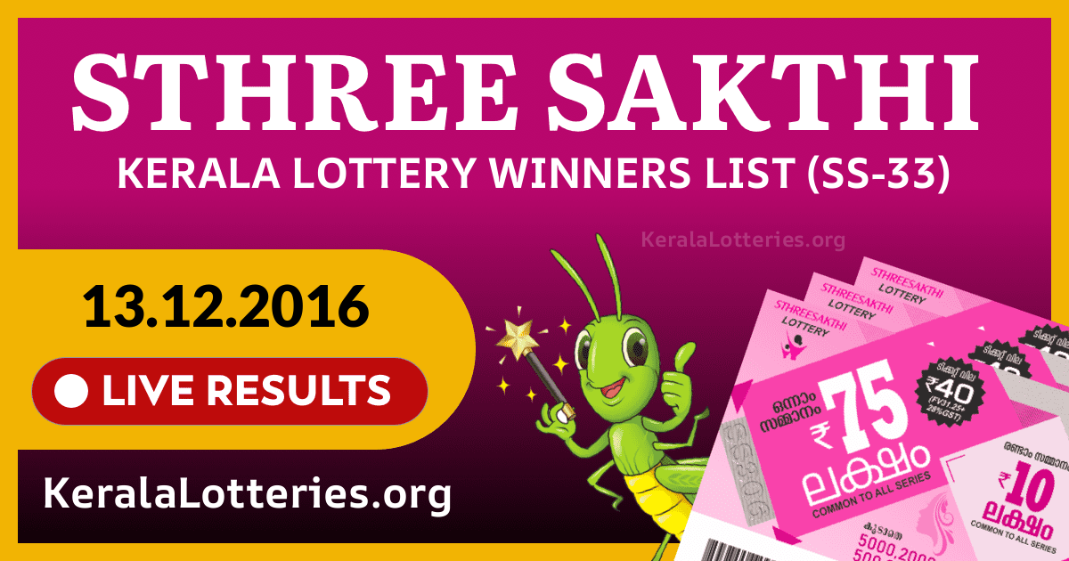 Sthree-Sakthi(SS-33) Kerala Lottery Result Today (13-12-2016)